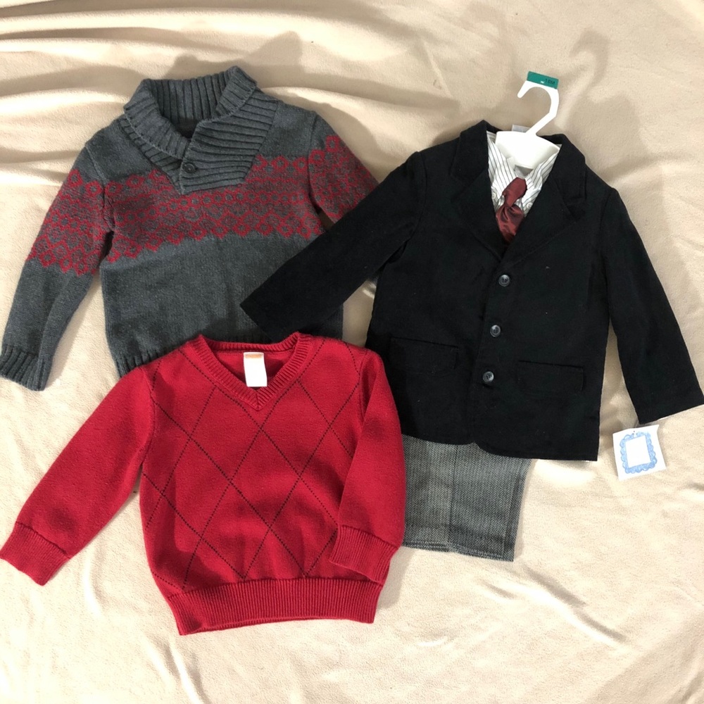 New 18 month 3 piece suit, 2 sweaters